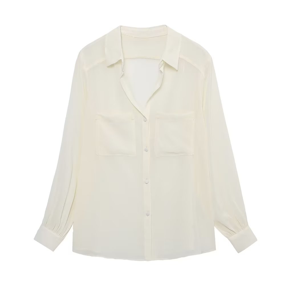 Women Solid Blouses Casual Long Sleeved Thin Tops Pockets Single Breasted T-Shirts Turn Down Collar Translucent Tops