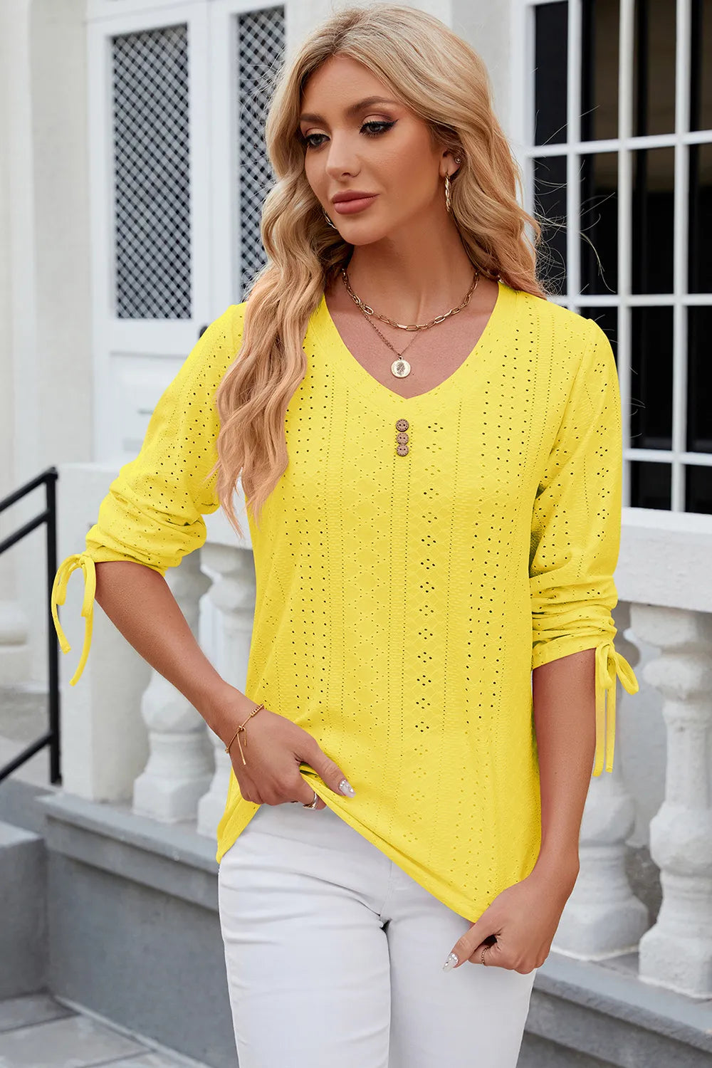 Button V-neck solid color mid sleeve loose T-shirt top for women's wear