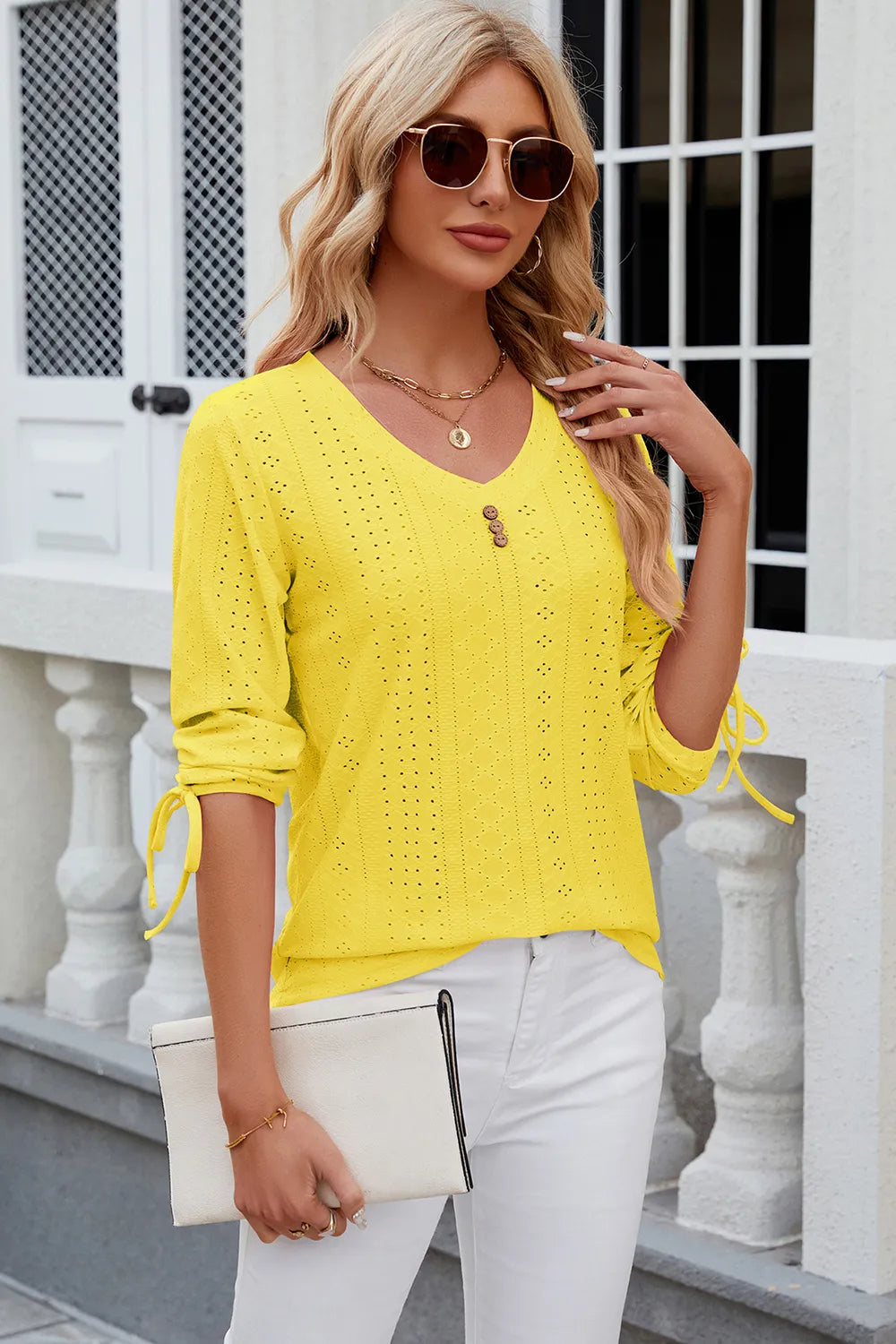 Button V-neck solid color mid sleeve loose T-shirt top for women's wear