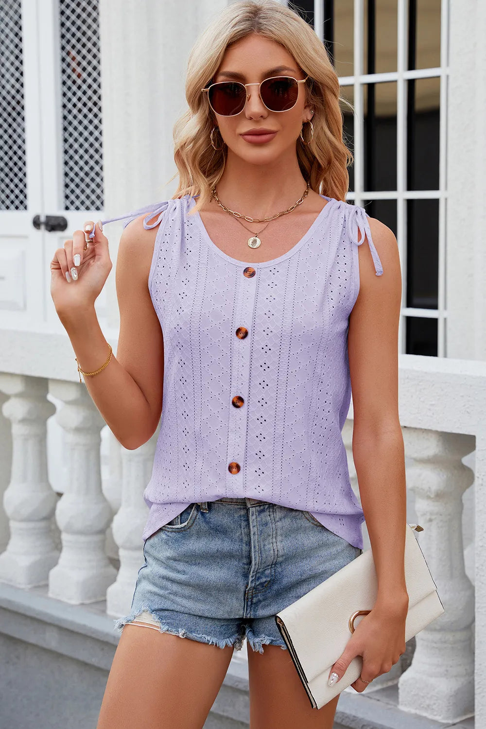 Solid color round neck button drawstring loose vest