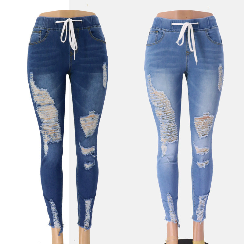 European and American Spring Elastic Waist Women's Jeans, High Waist Piercing, Slim Fit, Small Leg Strap Pants