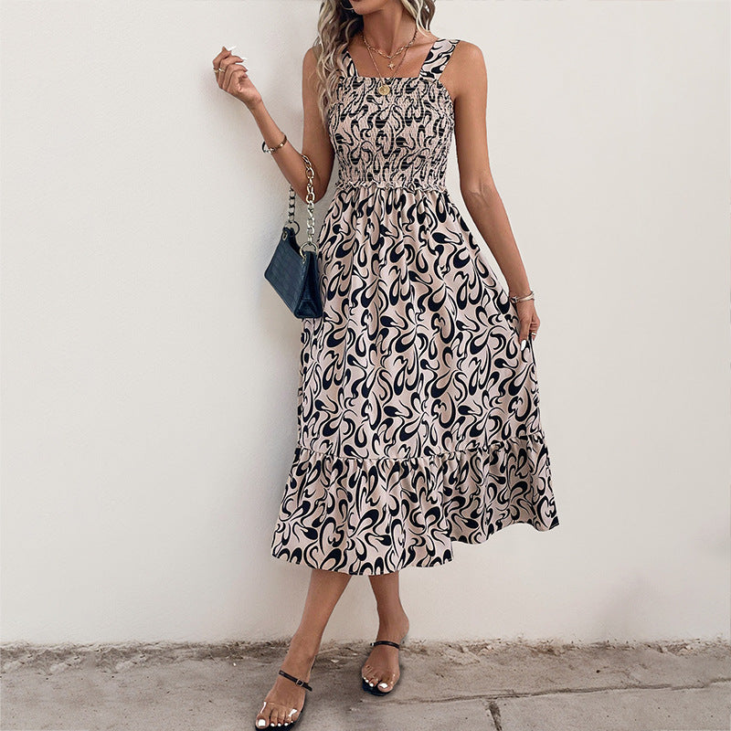 Smocked Printed Wide Strap Dress