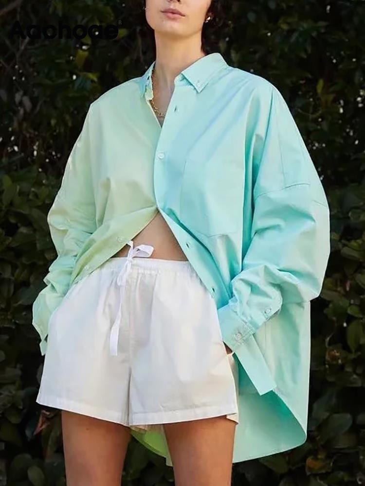 Aachoae Women Casual Patchwork Blouses Shirts Fashion Turn Down Collar Long Sleeve Shirts Tops Ladies Button Up Loose Shirts