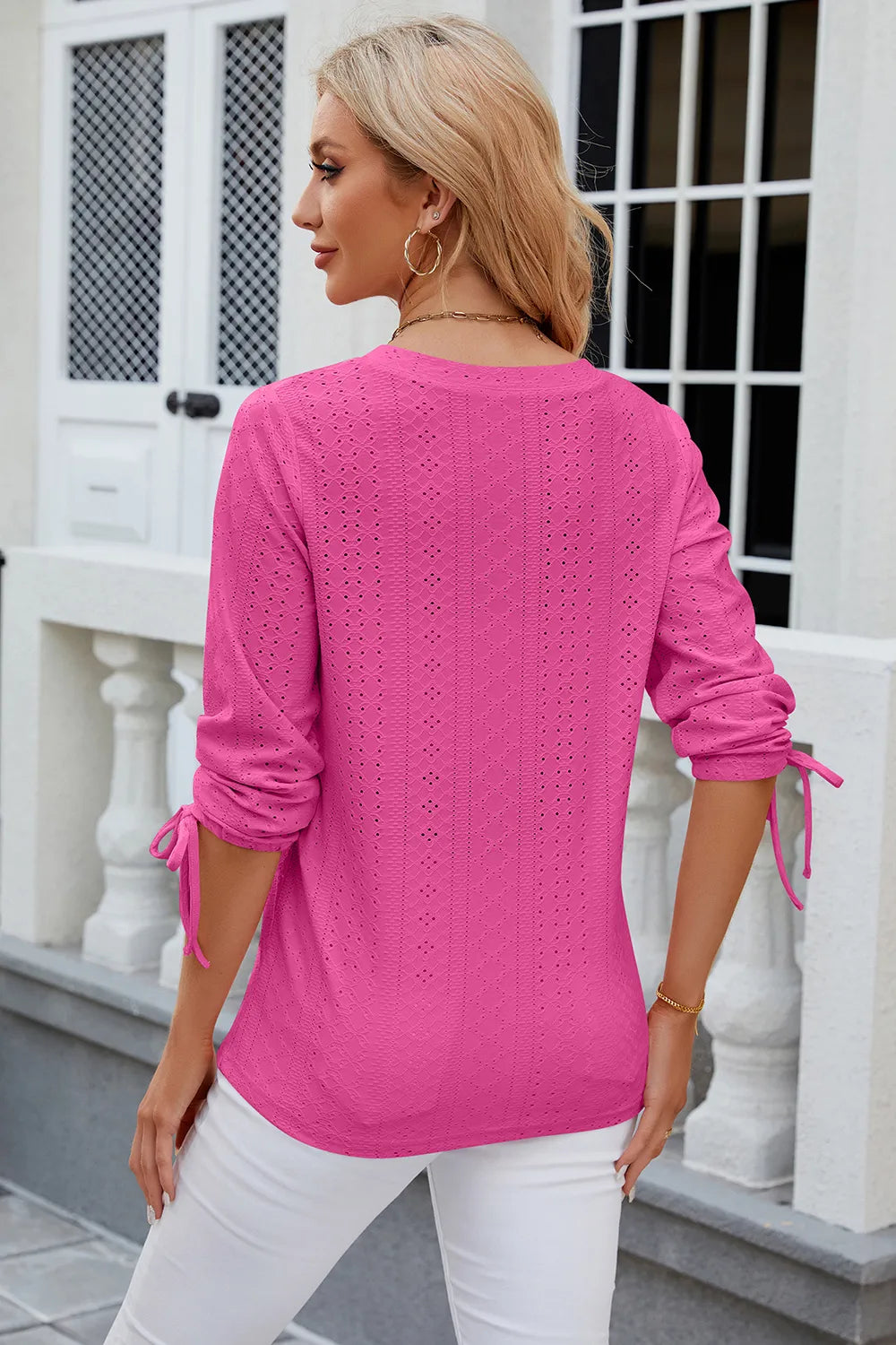 Button V-neck solid color mid sleeve loose T-shirt top for women's wear