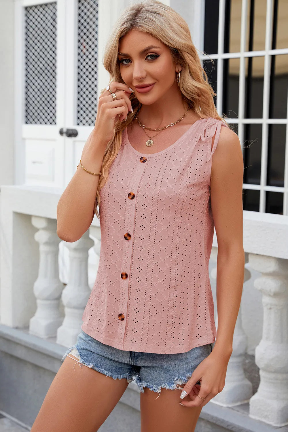Solid color round neck button drawstring loose vest