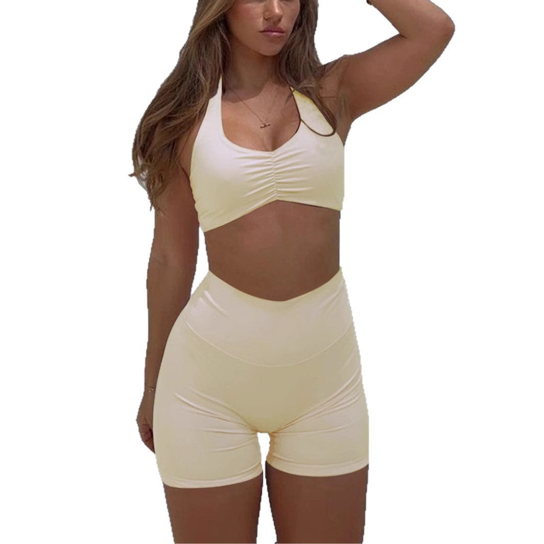 Sports style neck hanging T-shirt high stretch shorts set