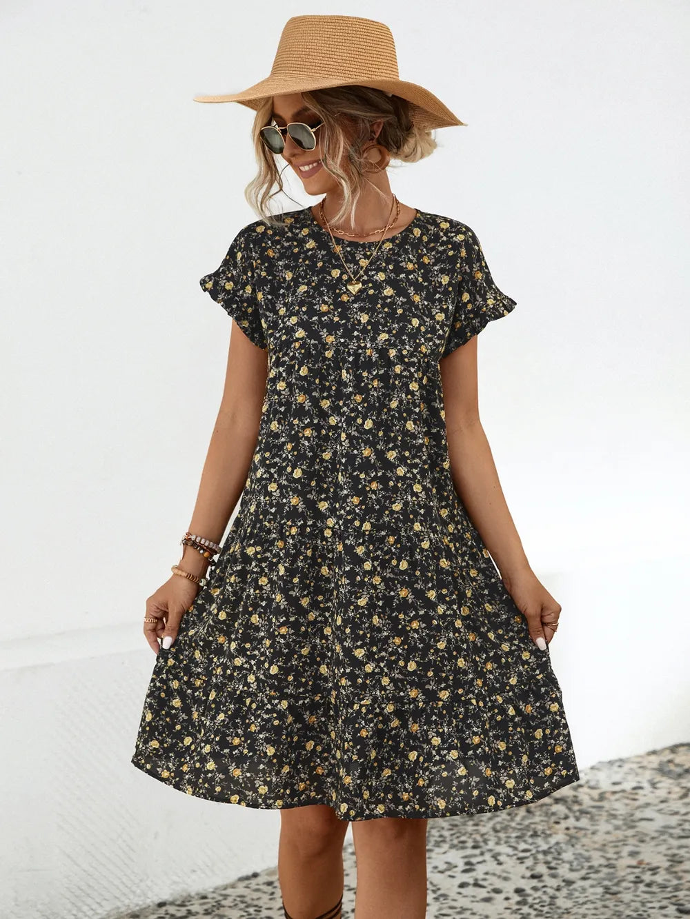 Round neck lotus leaf sleeve printed dress