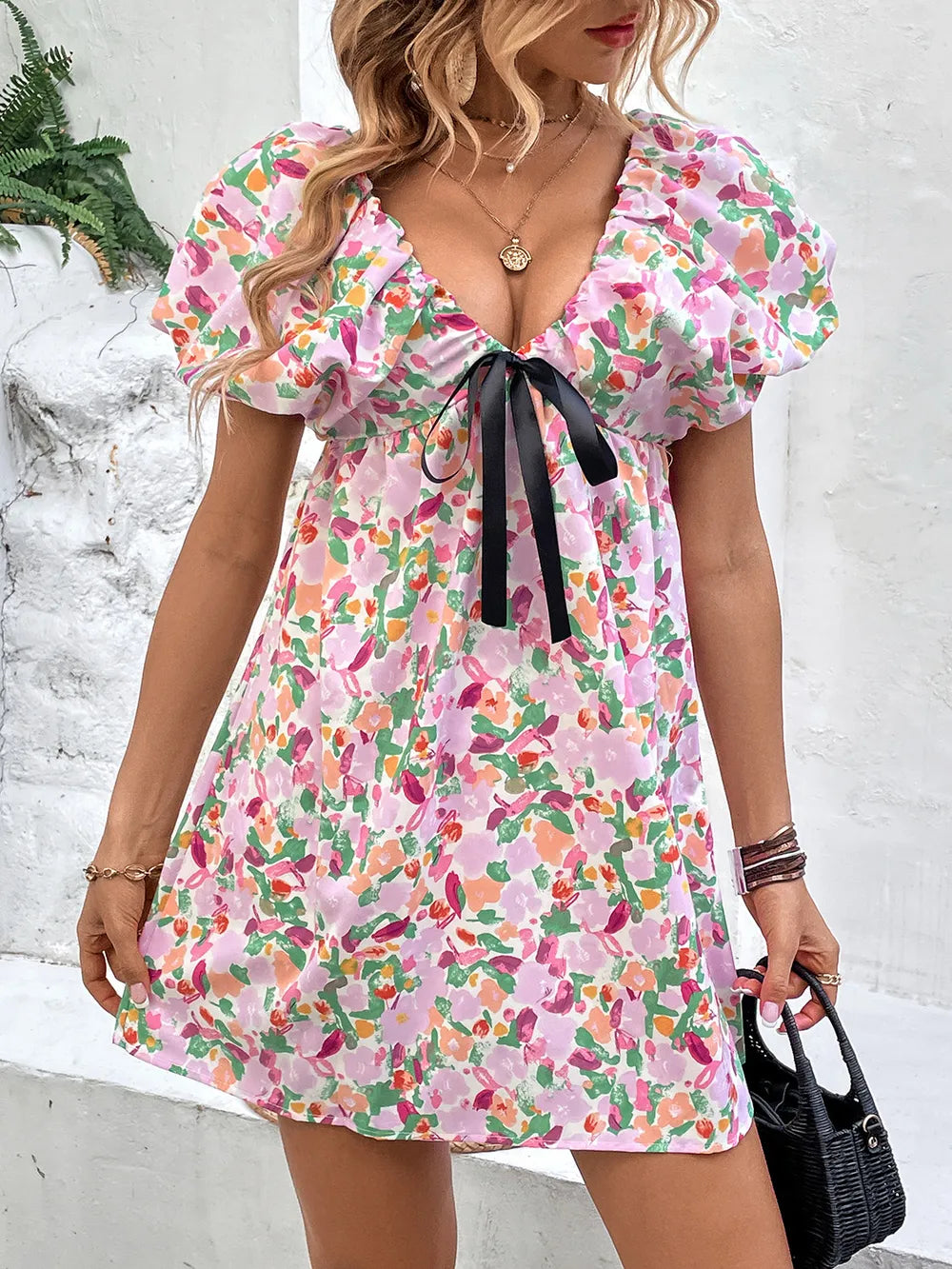 Perfee Printed V-Neck Puff Sleeve Mini Dress