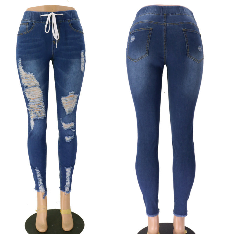 European and American Spring Elastic Waist Women's Jeans, High Waist Piercing, Slim Fit, Small Leg Strap Pants