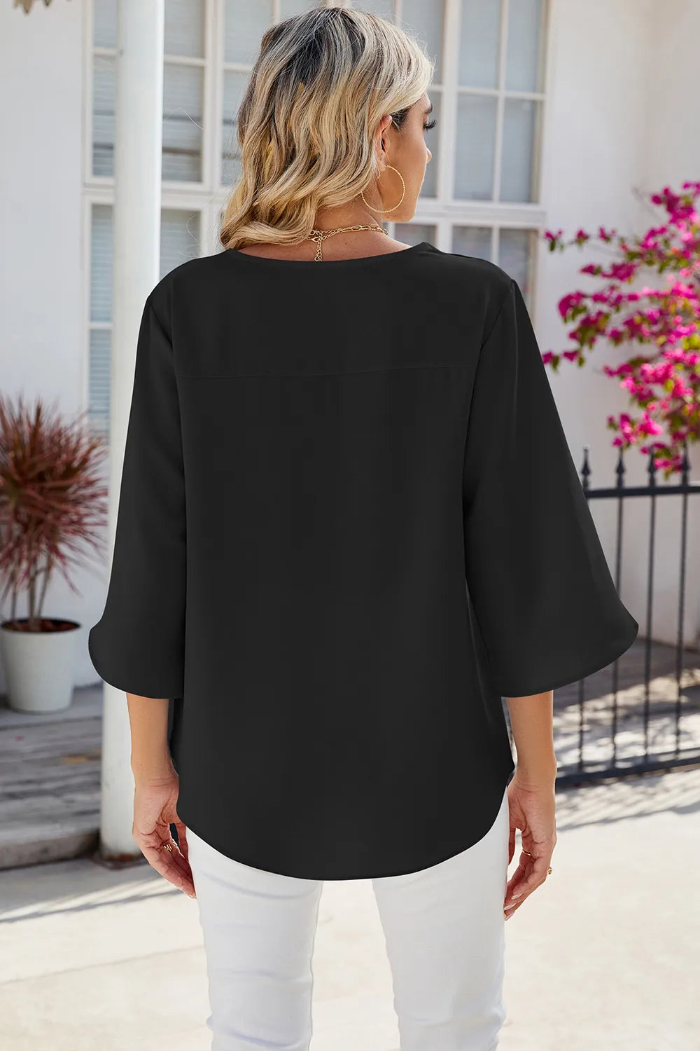 Solid color V-neck mid sleeved loose chiffon women's top