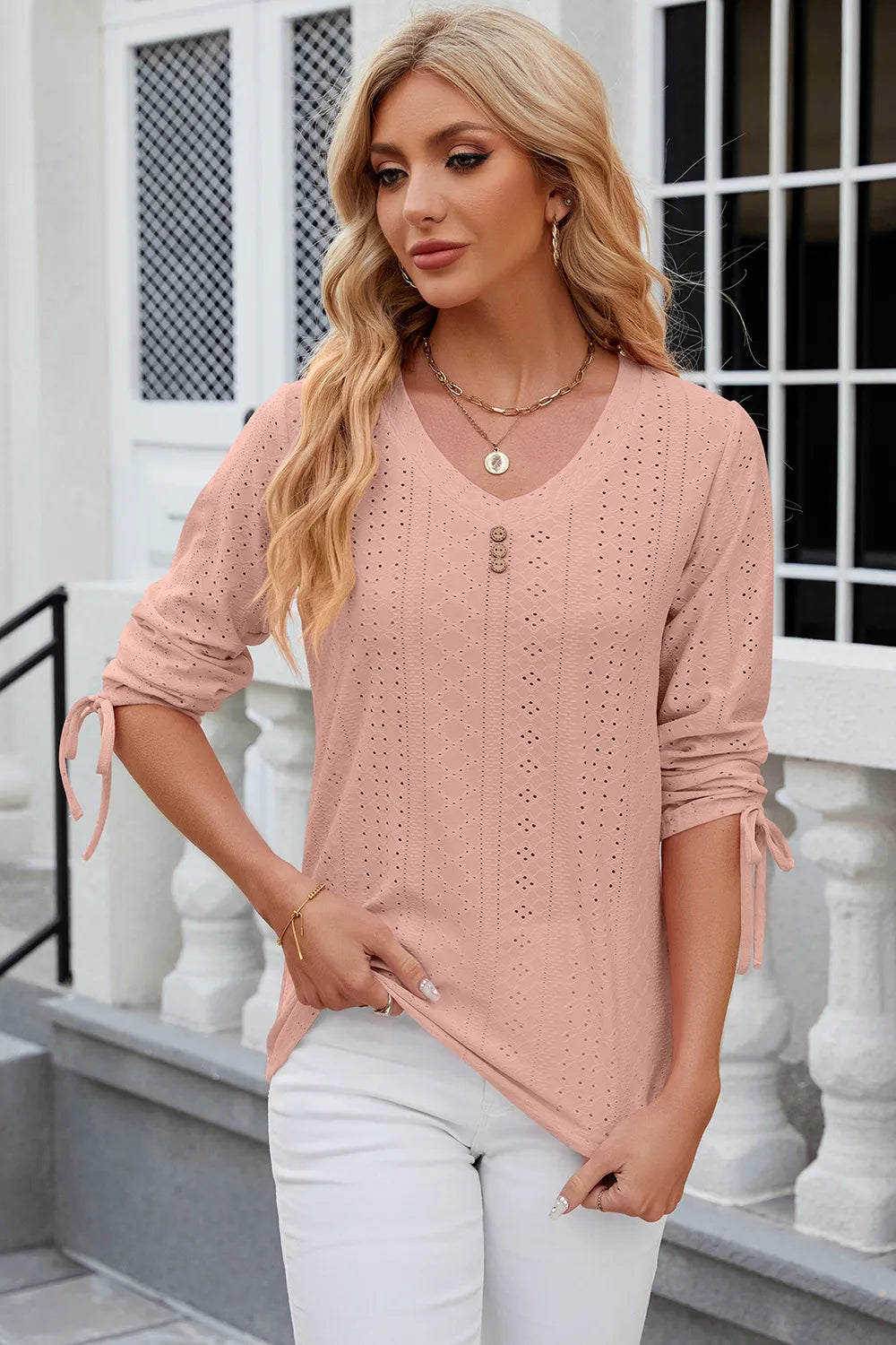 Button V-neck solid color mid sleeve loose T-shirt top for women's wear