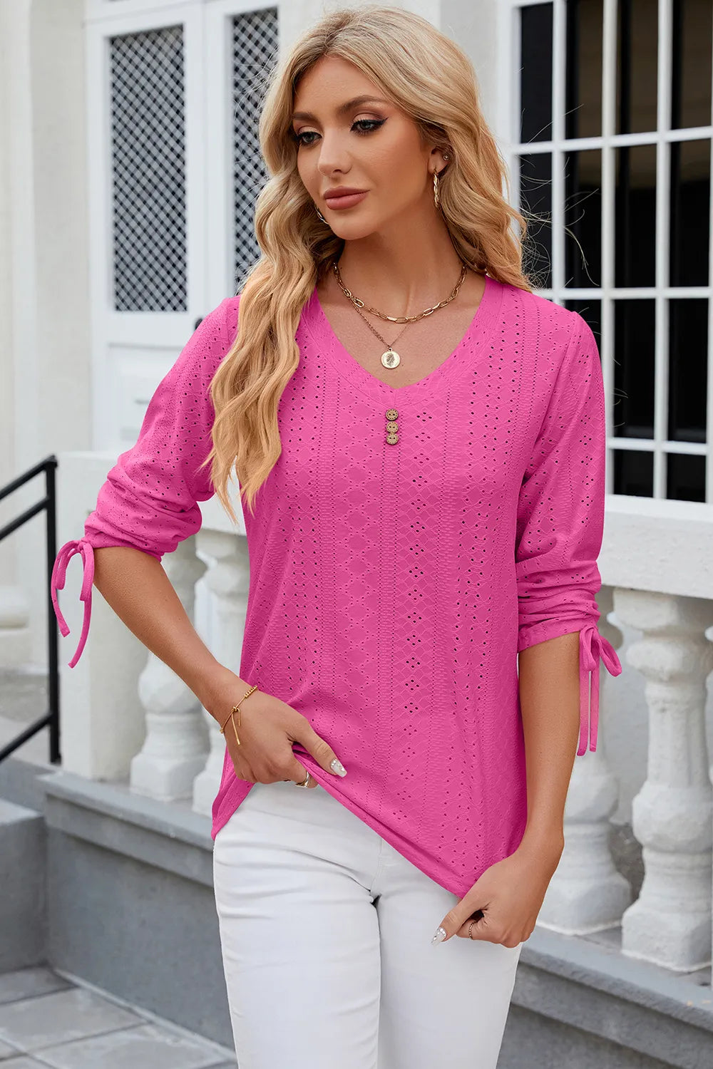 Button V-neck solid color mid sleeve loose T-shirt top for women's wear