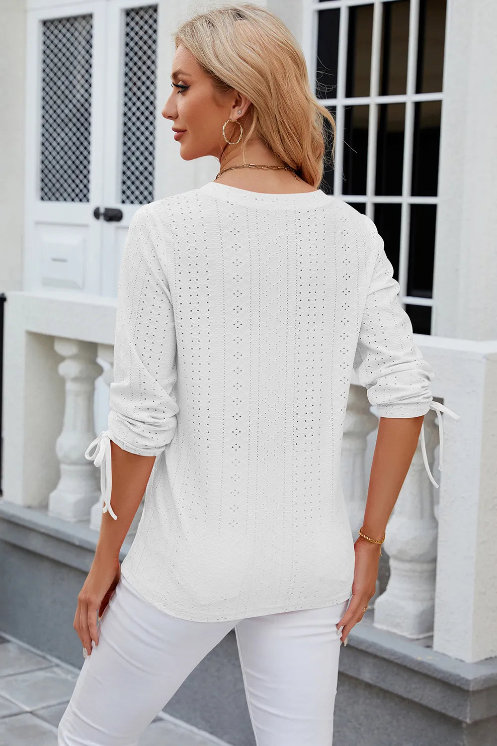 Button V-neck solid color mid sleeve loose T-shirt top for women's wear