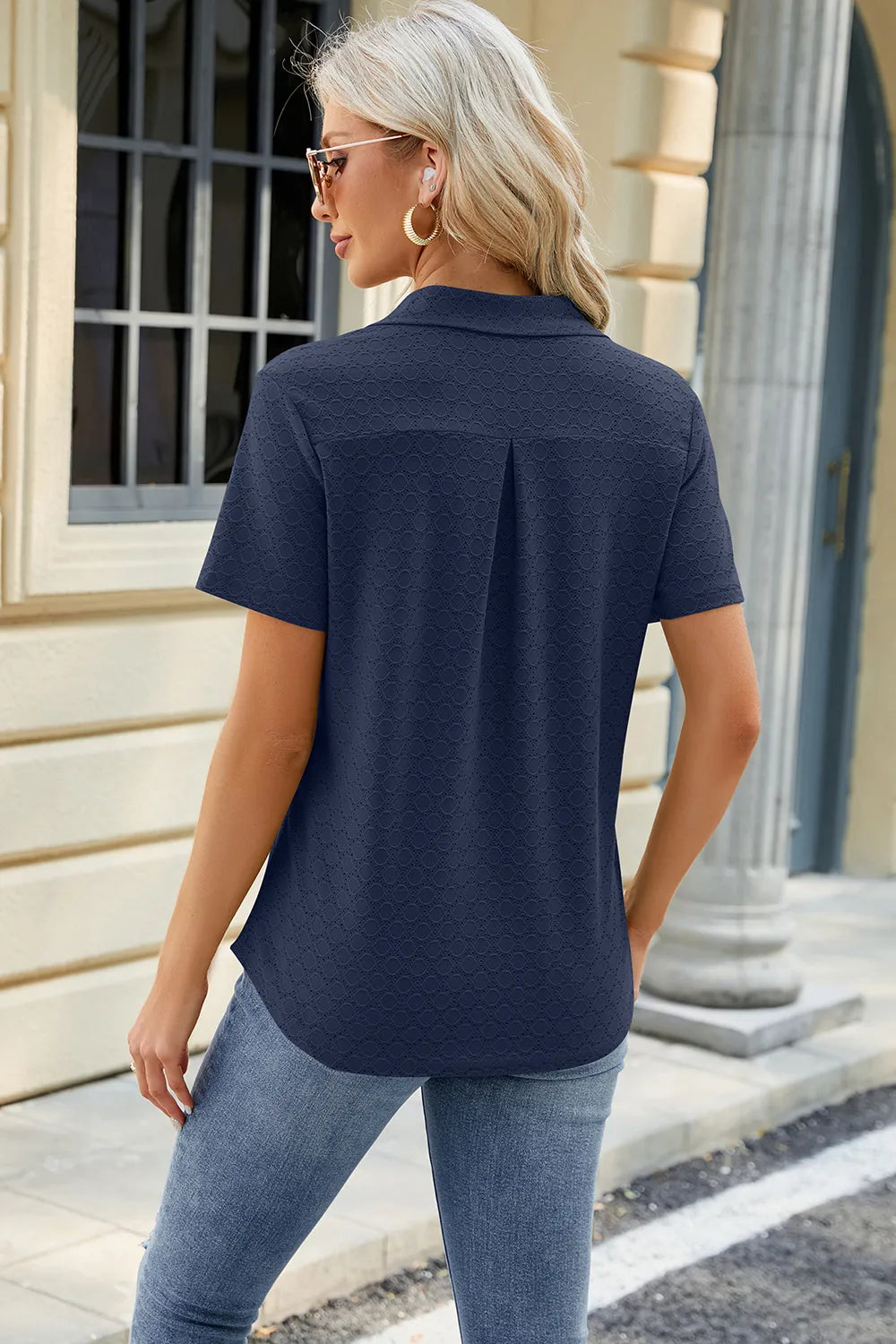 Solid color lapel pocket short sleeved T-shirt loose top for women