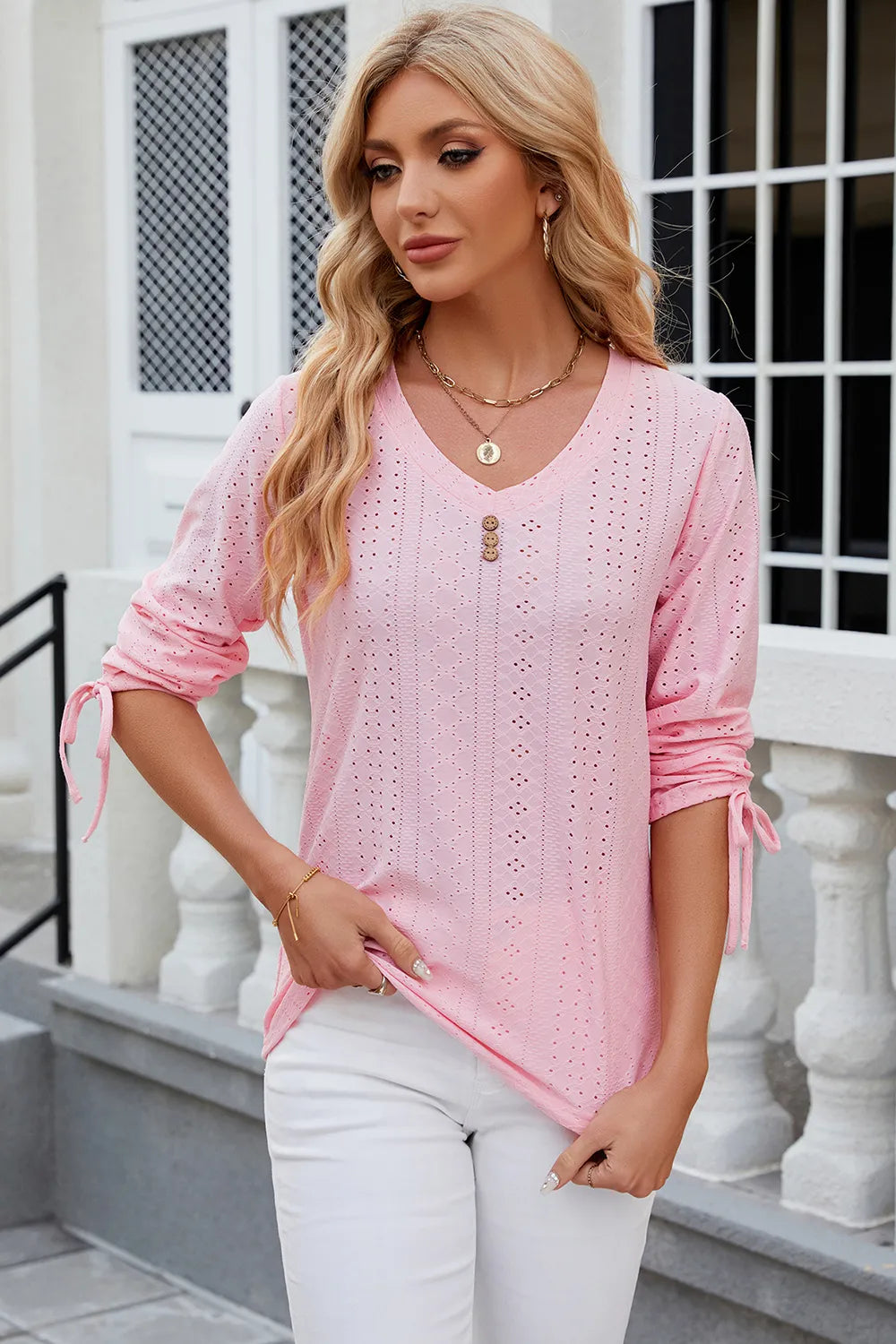 Button V-neck solid color mid sleeve loose T-shirt top for women's wear