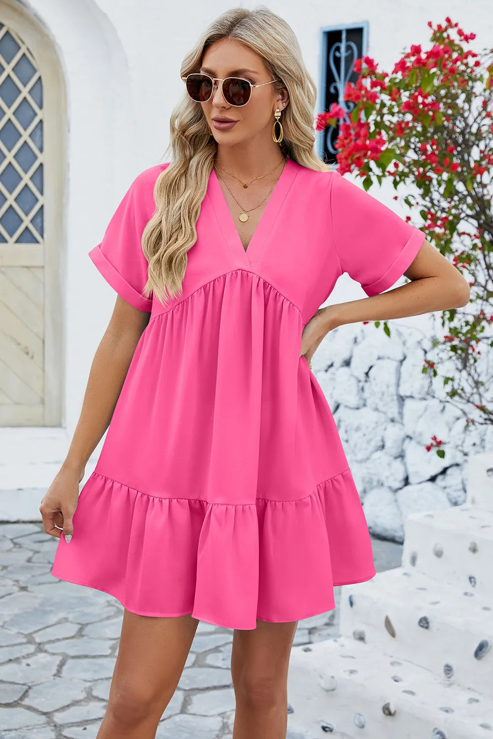 Spring and summer new solid color V-neck loose pleated dress for women