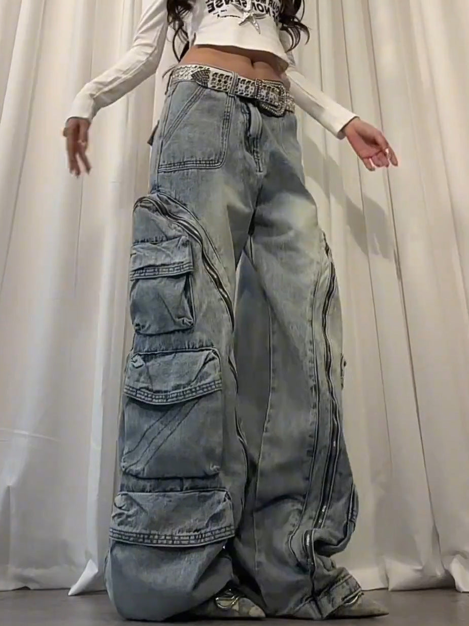 Washed multi pocket workwear jeans women's street straight leg loose wide leg pants
