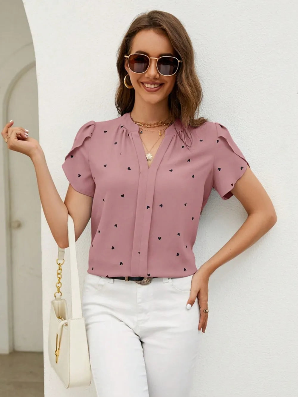 V-neck heart-shaped petal sleeve shirt with elegant women's top