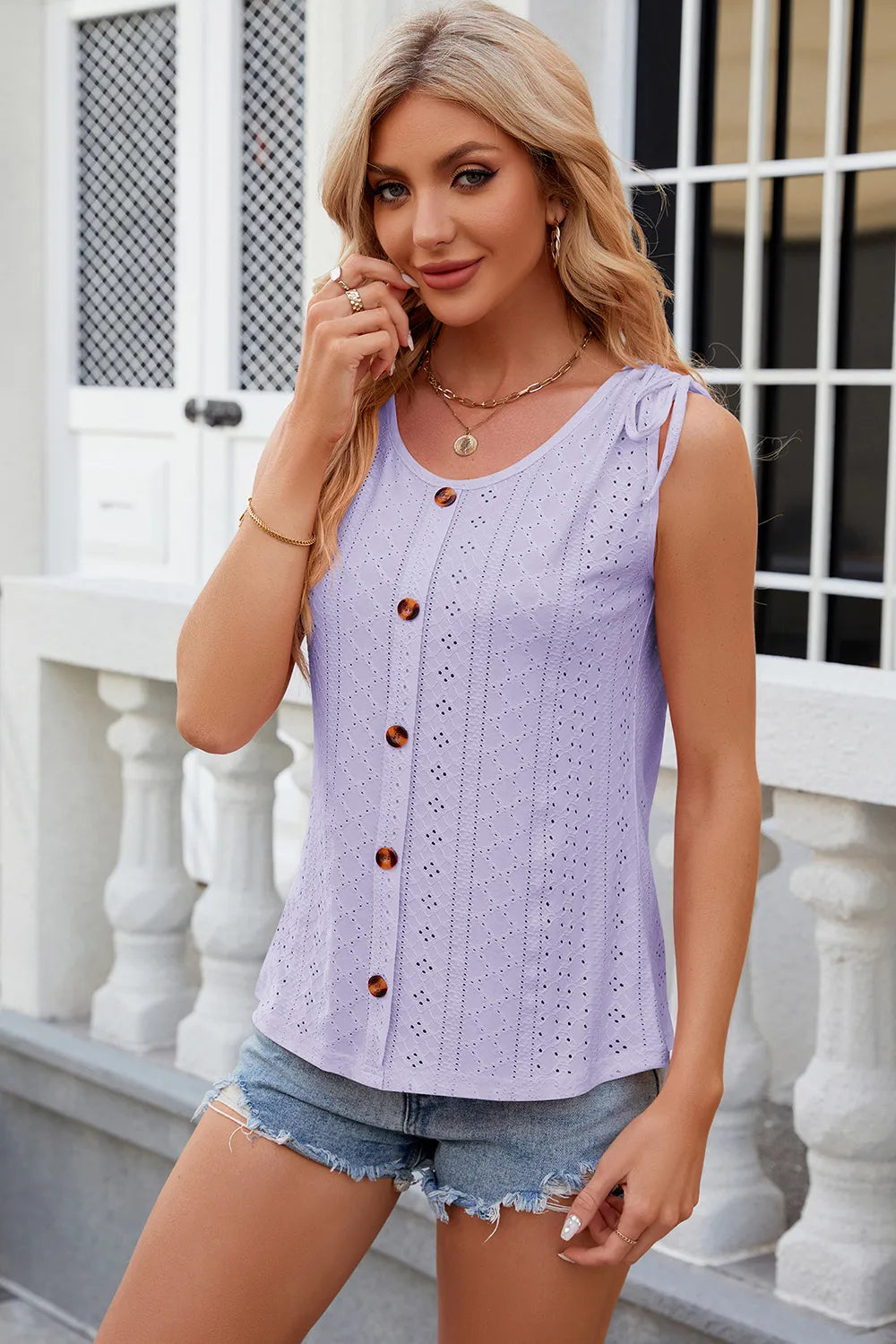 Solid color round neck button drawstring loose vest
