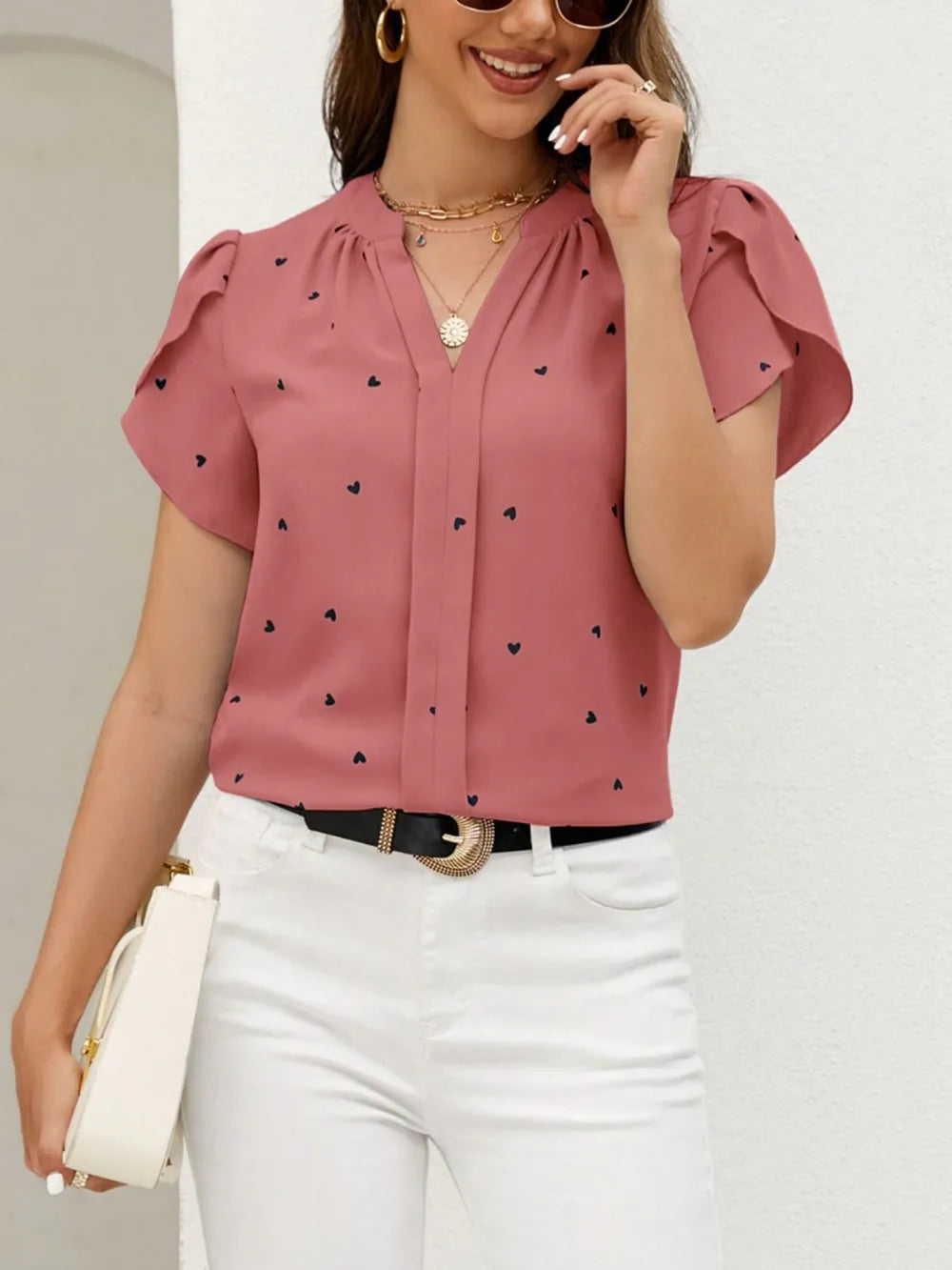 V-neck heart-shaped petal sleeve shirt with elegant women's top