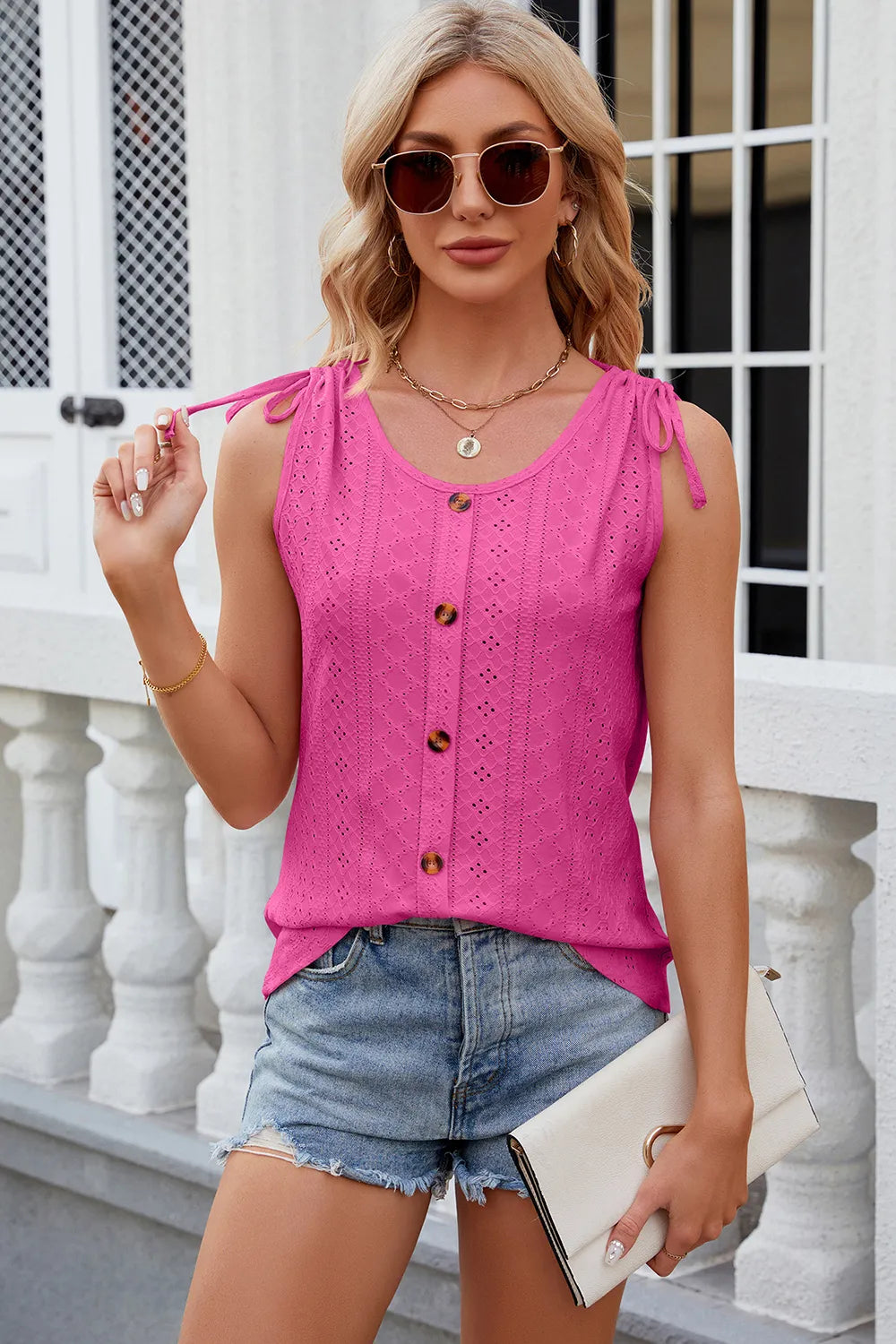 Solid color round neck button drawstring loose vest