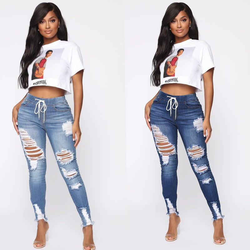 European and American Spring Elastic Waist Women's Jeans, High Waist Piercing, Slim Fit, Small Leg Strap Pants