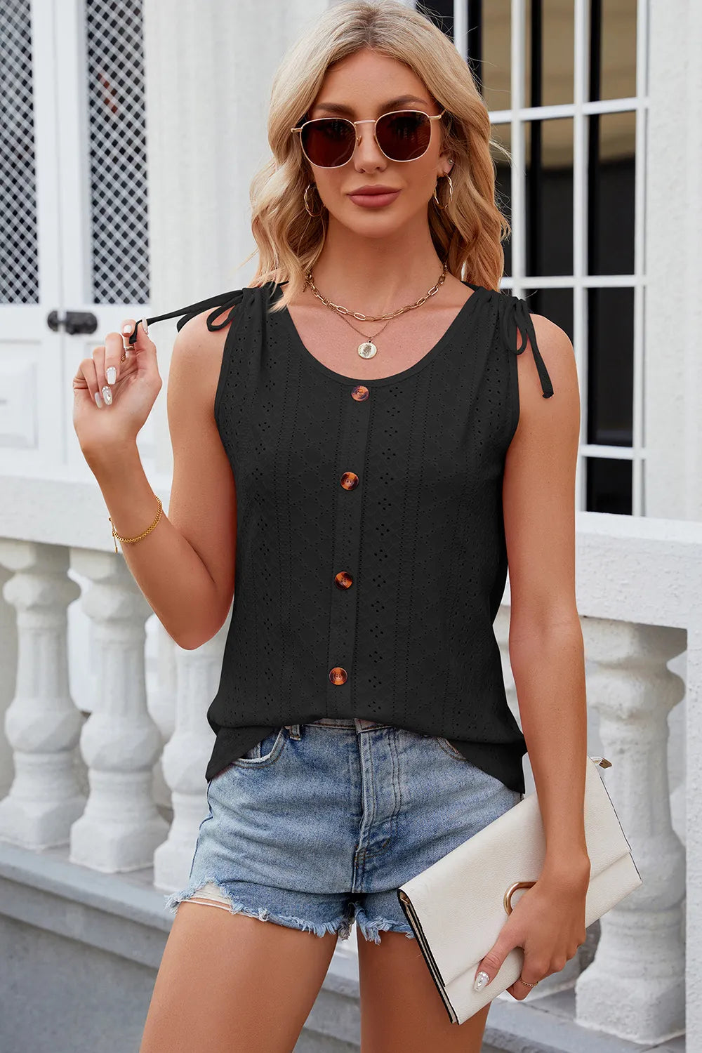 Solid color round neck button drawstring loose vest