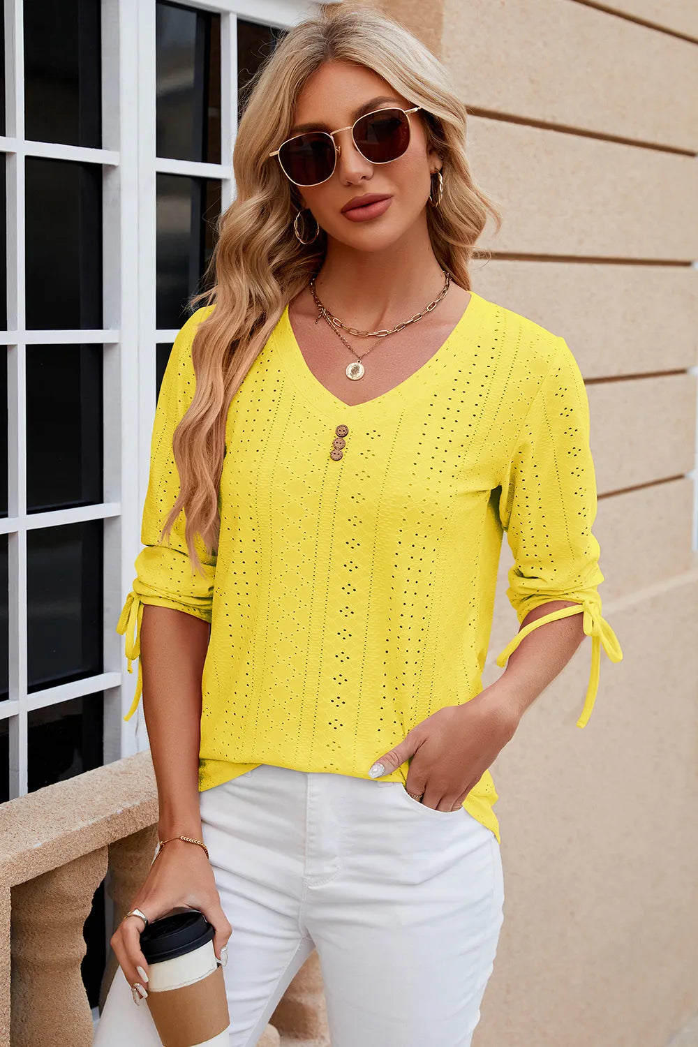 Button V-neck solid color mid sleeve loose T-shirt top for women's wear