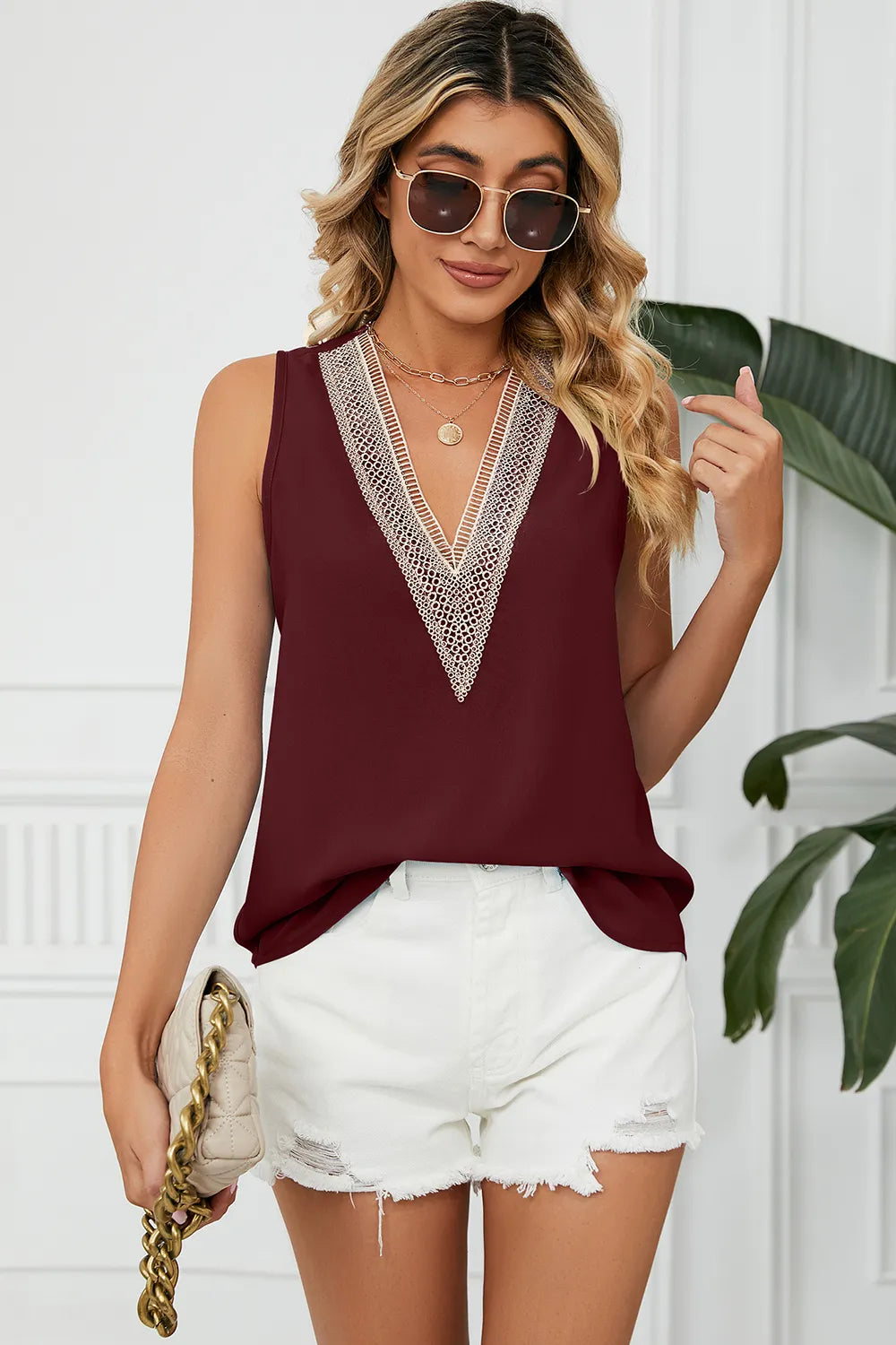 Solid color chiffon shirt loose V-neck pullover sleeveless top vest