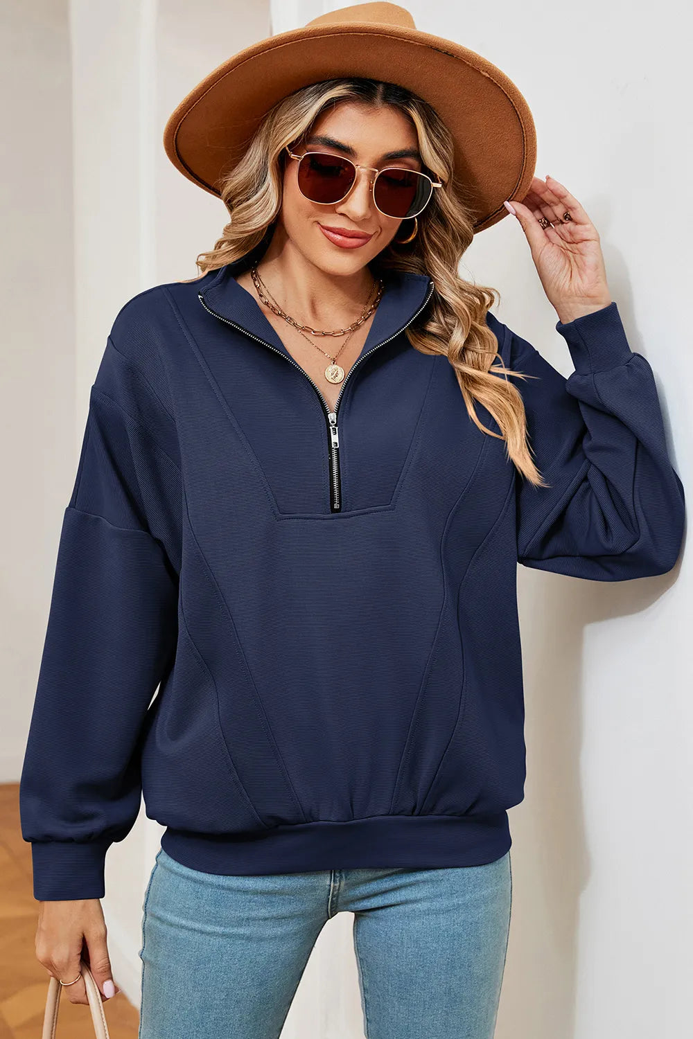 Autumn and winter new solid color zipper long sleeved loose pullover sweatshirt jacket for women