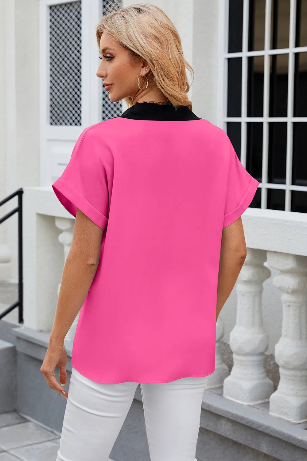 Flip collar chiffon shirt loose short sleeved top for women