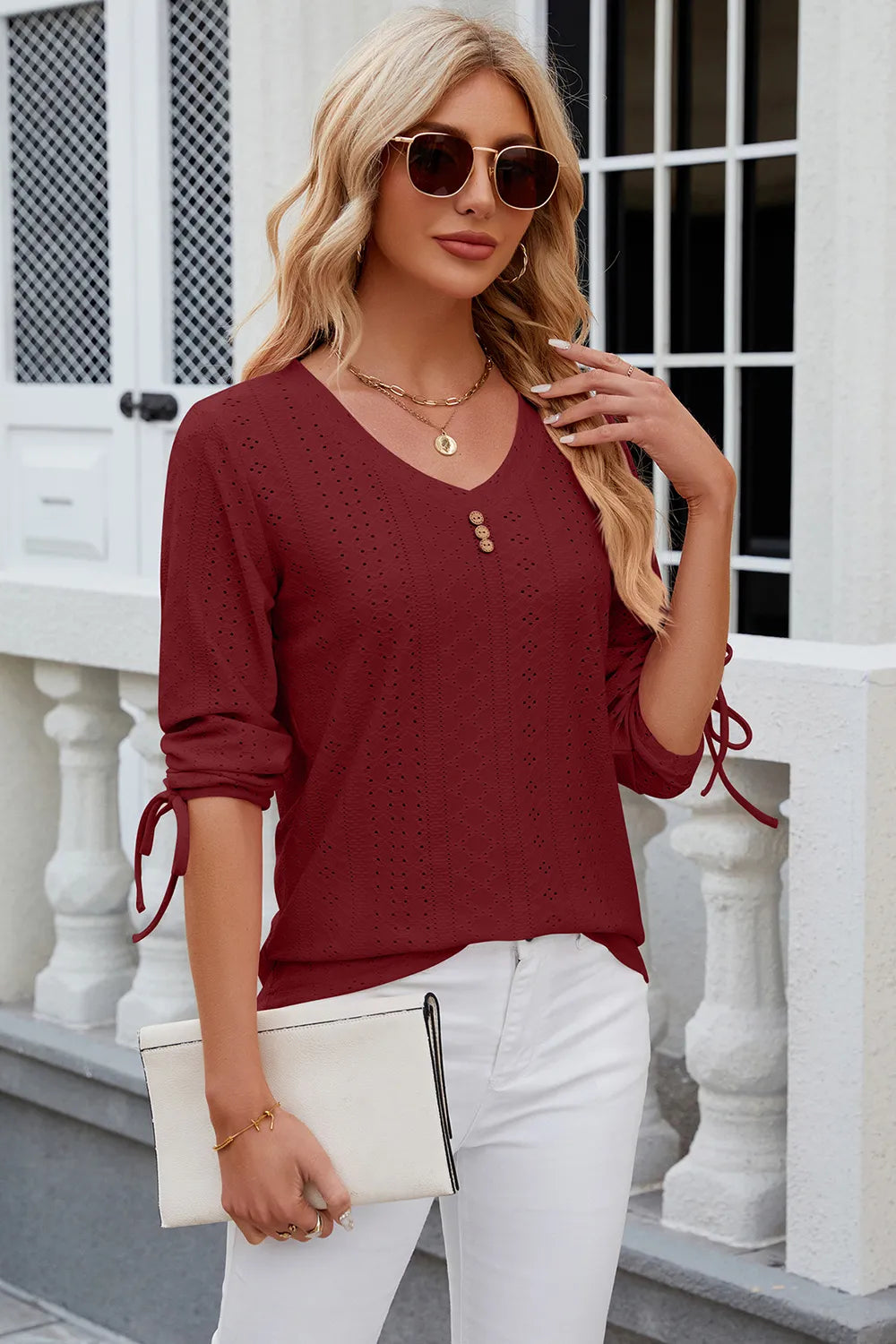 Button V-neck solid color mid sleeve loose T-shirt top for women's wear