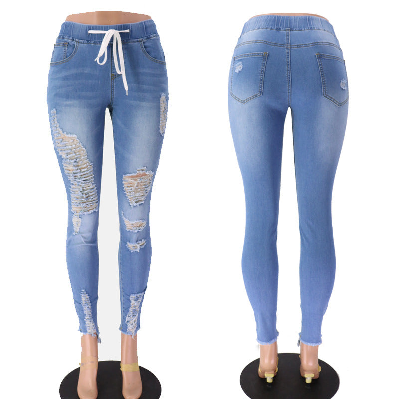 European and American Spring Elastic Waist Women's Jeans, High Waist Piercing, Slim Fit, Small Leg Strap Pants