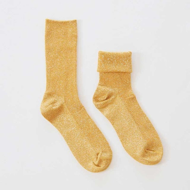 Winter Cotton Solid Shiny Woman Simple Socks Fashion Art Fold Female Student Thick Warm Socks Shiny Metallic Line Sock