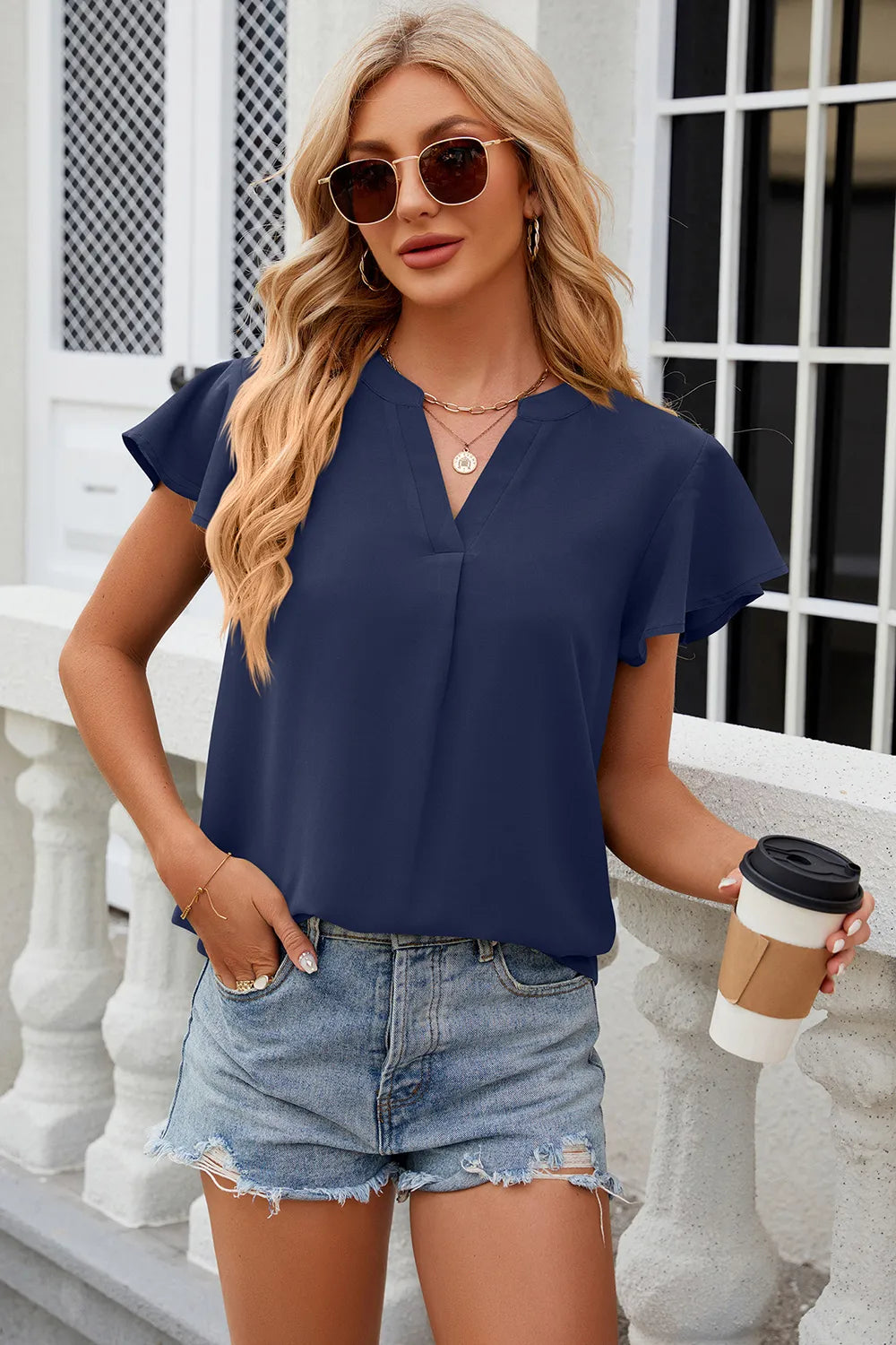 Solid color V-neck loose short sleeved chiffon top for women