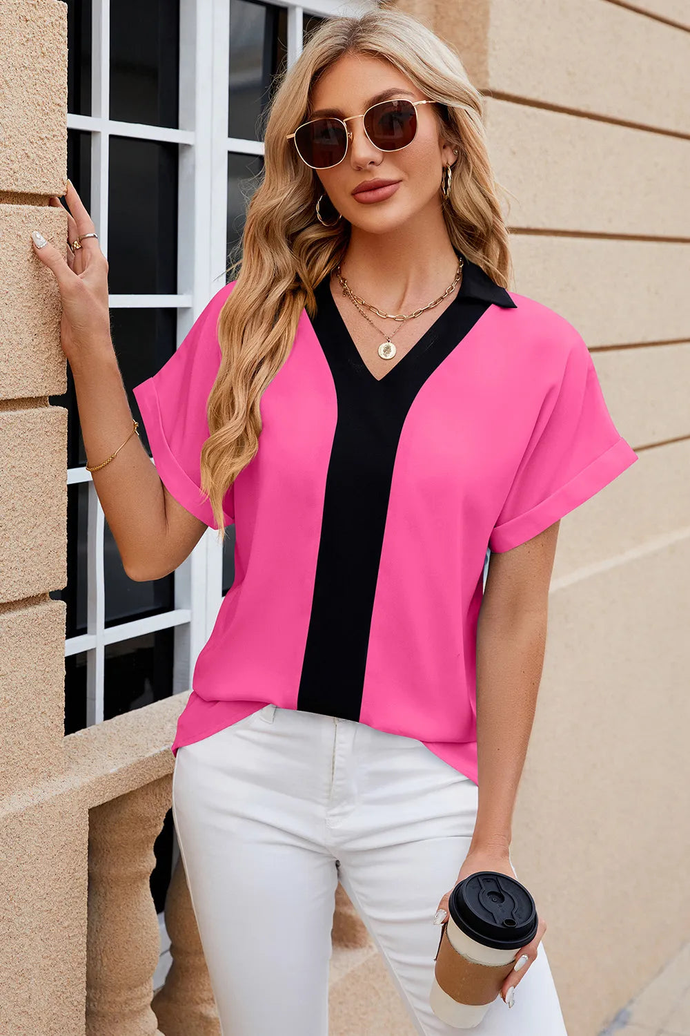 Flip collar chiffon shirt loose short sleeved top for women