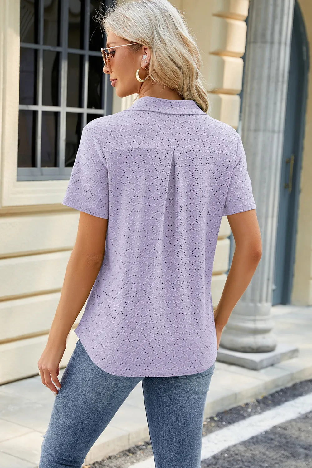 Solid color lapel pocket short sleeved T-shirt loose top for women
