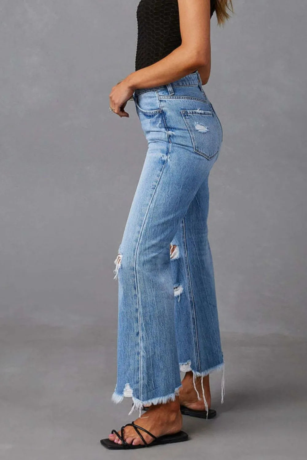Washed ripped high waisted pants wide leg jeans for women