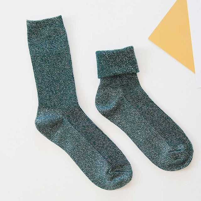 Winter Cotton Solid Shiny Woman Simple Socks Fashion Art Fold Female Student Thick Warm Socks Shiny Metallic Line Sock