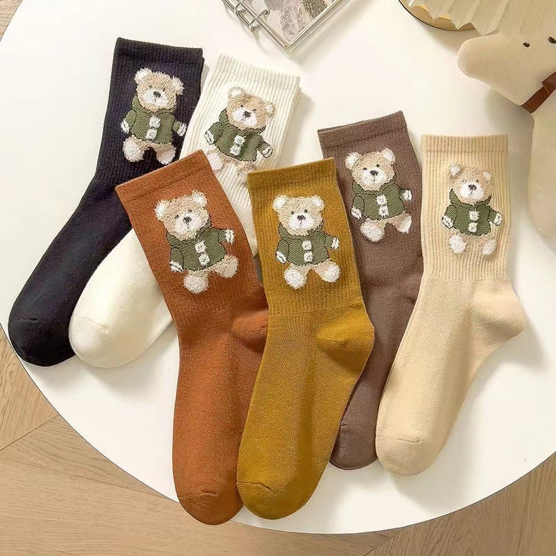 Little Bear Socks, Children's Middle Socks, Spring and Autumn Ins Trendy, Cute, Versatile, Fresh Japanese Coffee Color, Outerwear Long Socks, Autumn and Winter