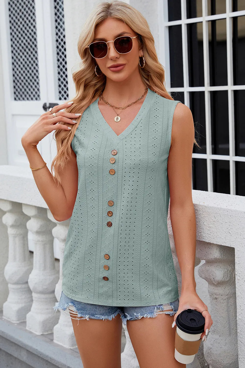 Solid color V-neck button loose vest sleeveless top for women