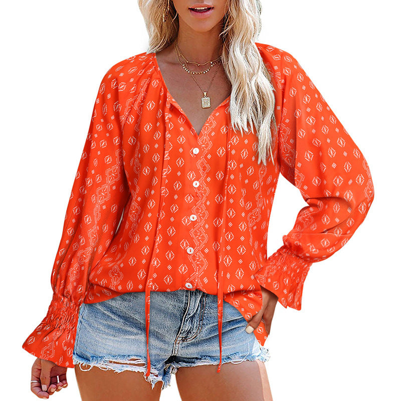 Women's Loose V-Neck Pullover Casual Tops Long Sleeve Floral Lotus Leaf-Sleeved Chiffon Shirts