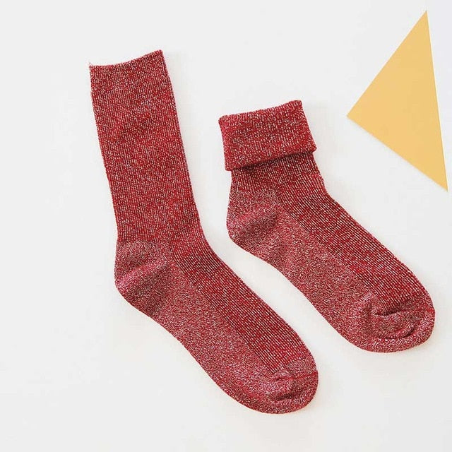 Winter Cotton Solid Shiny Woman Simple Socks Fashion Art Fold Female Student Thick Warm Socks Shiny Metallic Line Sock