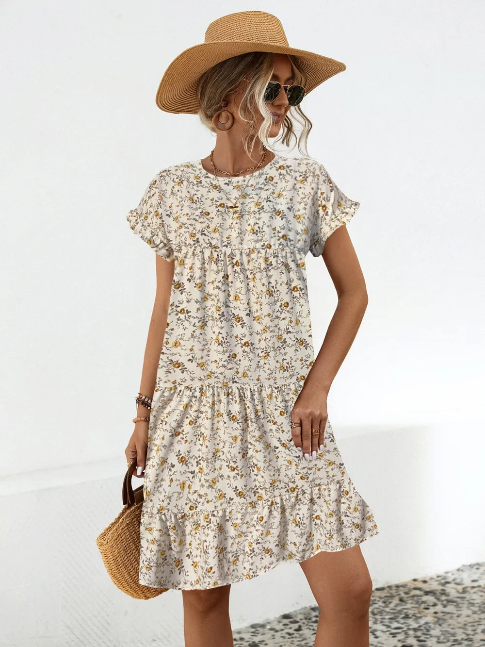Round neck lotus leaf sleeve printed dress
