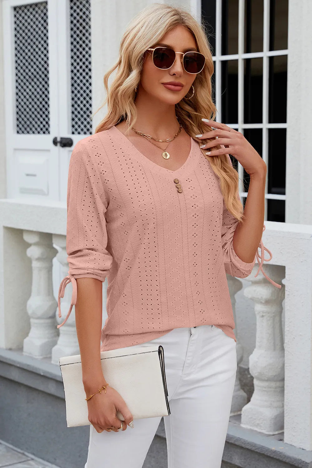 Button V-neck solid color mid sleeve loose T-shirt top for women's wear