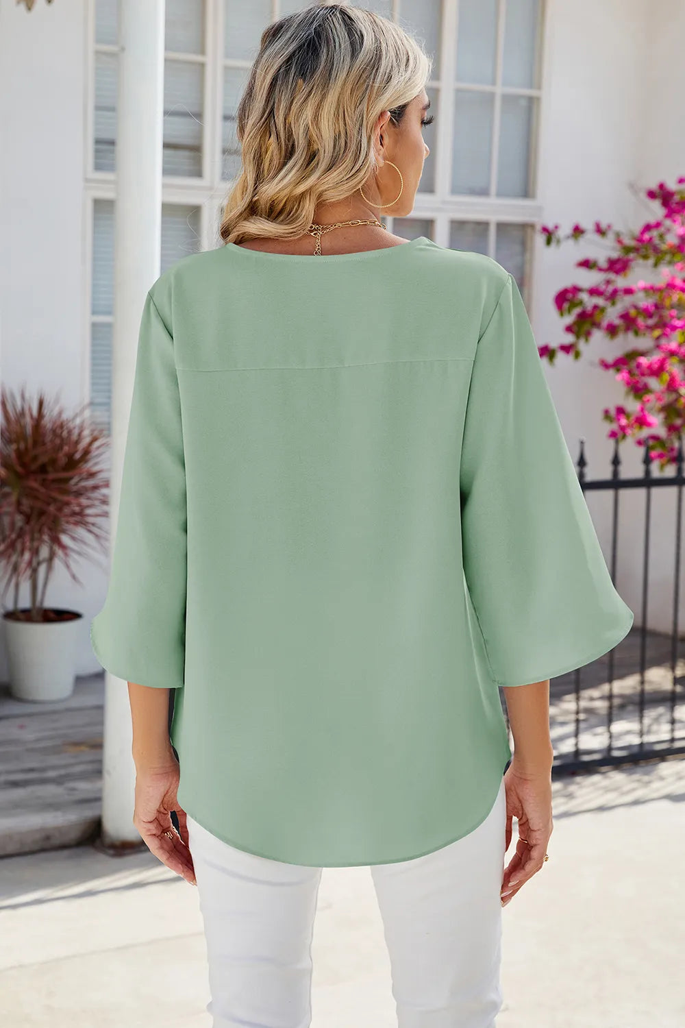 Solid color V-neck mid sleeved loose chiffon women's top