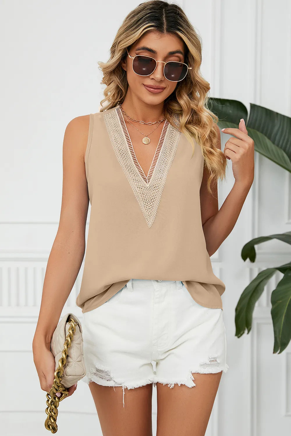 Solid color chiffon shirt loose V-neck pullover sleeveless top vest