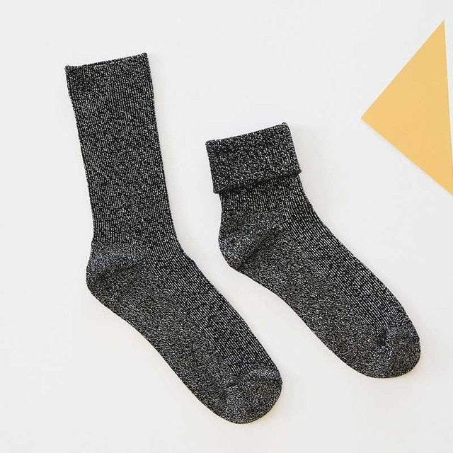 Winter Cotton Solid Shiny Woman Simple Socks Fashion Art Fold Female Student Thick Warm Socks Shiny Metallic Line Sock