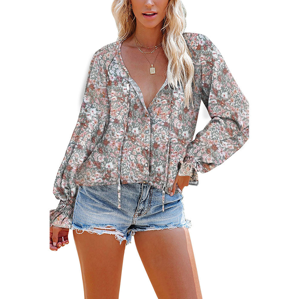 Women's Loose V-Neck Pullover Casual Tops Long Sleeve Floral Lotus Leaf-Sleeved Chiffon Shirts