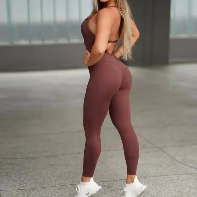 Seamless Yoga Jumpsuits Sports Fitness Backless Hip-Lifting Running Jumpsuits Training Dance Dress Gym Workout Clothes for Women